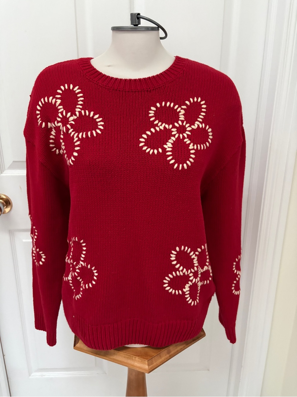 Classic Red Crewneck Sweater with White Floral Cutouts ladies large
